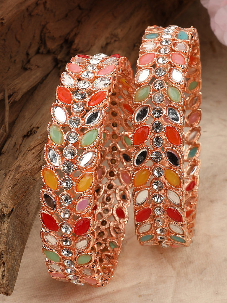 Women's/Girls Statement Rose Gold Plated Leaf Shaped Multicolor Stone Studded Bangle Set