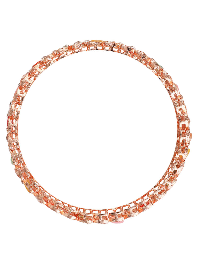Women's/Girls Statement Rose Gold Plated Leaf Shaped Multicolor Stone Studded Bangle Set