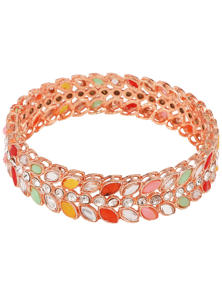 Women's/Girls Statement Rose Gold Plated Leaf Shaped Multicolor Stone Studded Bangle Set