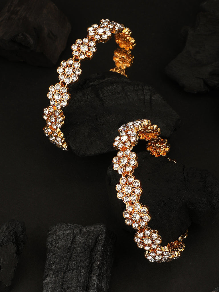 Women's/Girls Statement Gold Plated Floral Shaped Stone Studded Bangle Set Of 2