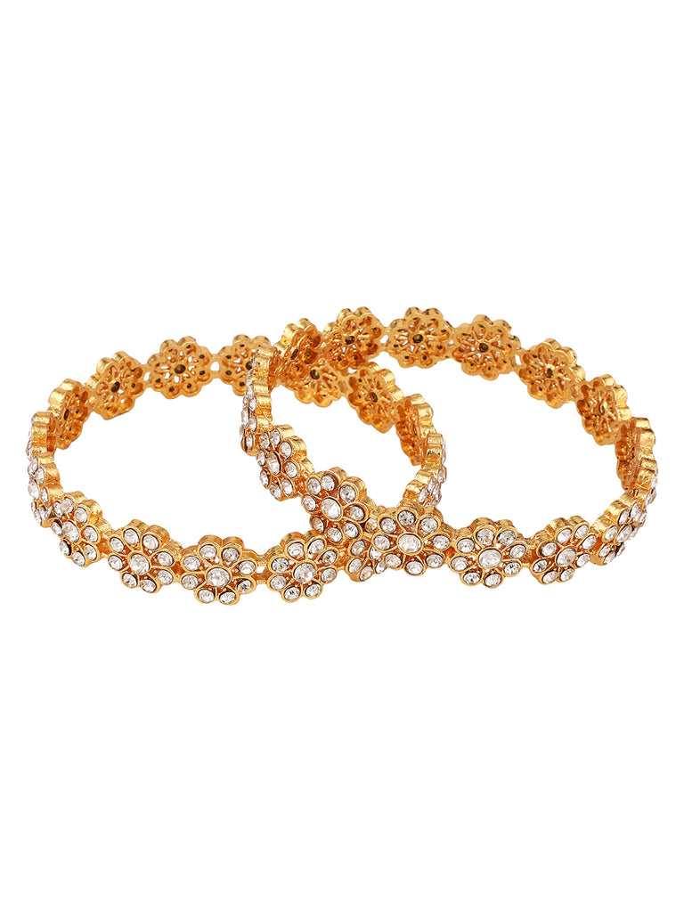 Women's/Girls Statement Gold Plated Floral Shaped Stone Studded Bangle Set Of 2