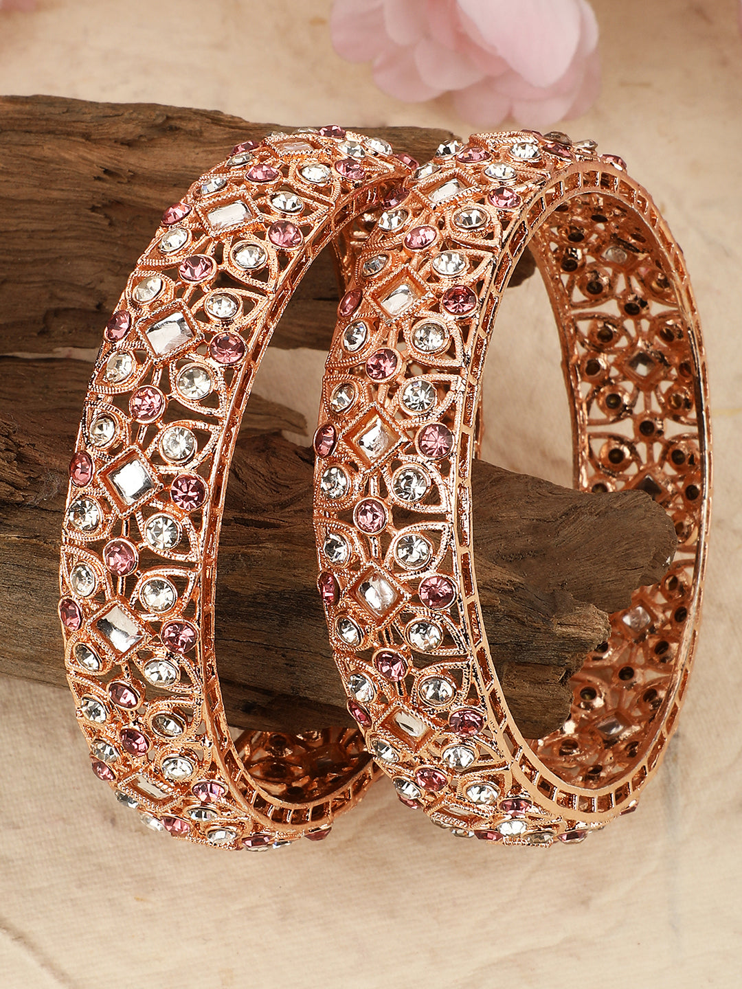 Women's/Girls Statement Rose Gold Plated Abstract Design Stone Studded Bangle Set Of 2 - Mode Mania