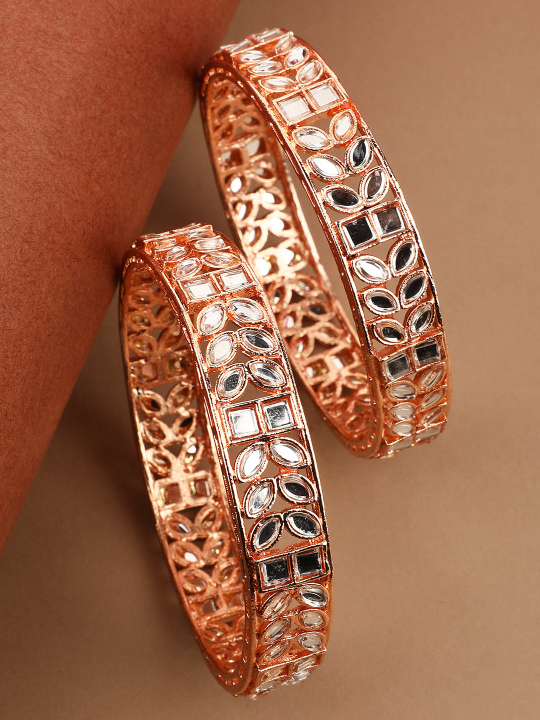 Women's/Girls Statement Gold Plated Leaf Shaped Stone Studded Bangle Set Of 2