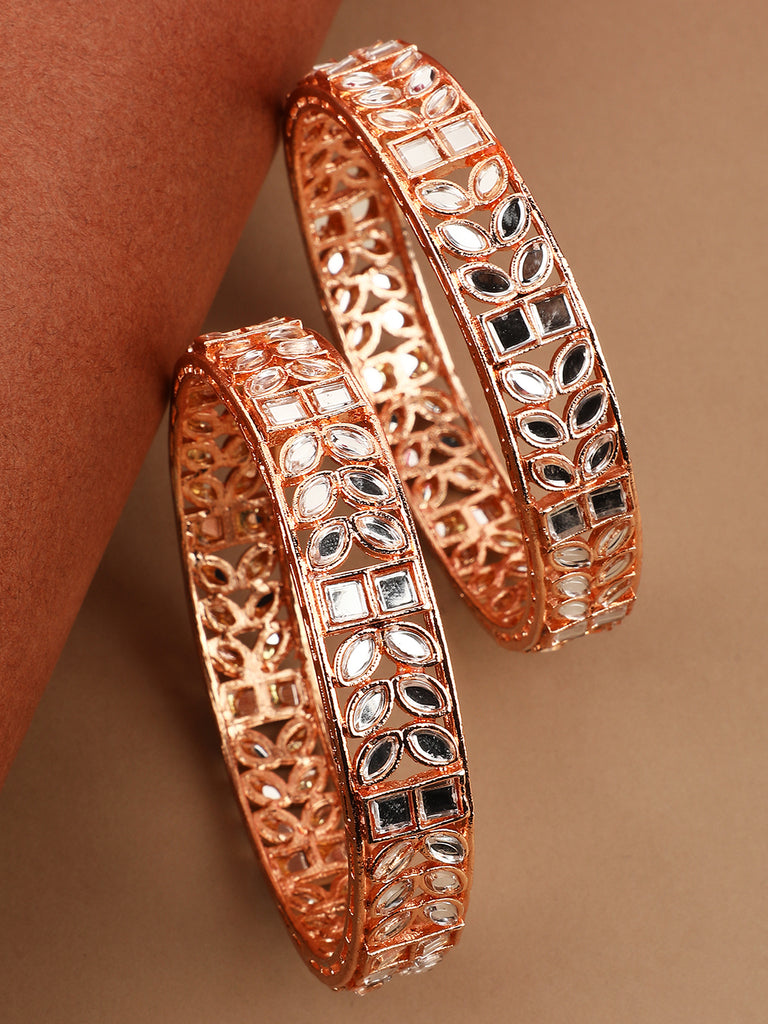 Women's/Girls Statement Gold Plated Leaf Shaped Stone Studded Bangle Set Of 2