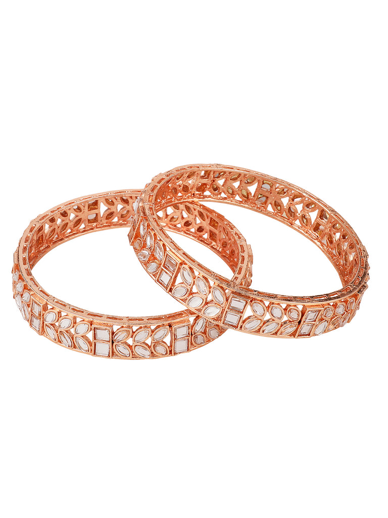 Women's/Girls Statement Gold Plated Leaf Shaped Stone Studded Bangle Set Of 2