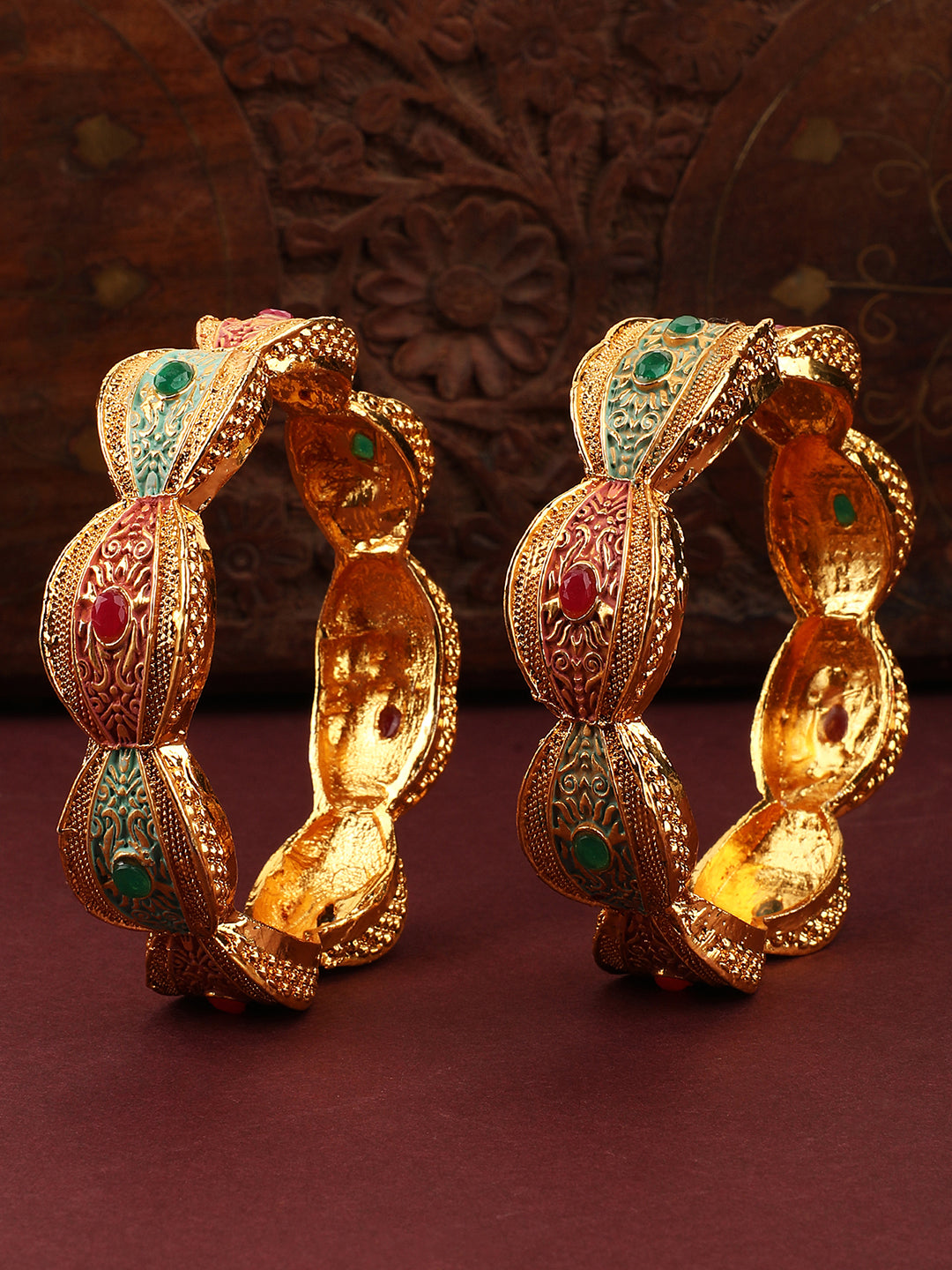 Women's/Girls Traditional Gold Plated Enameled Multicolor Stone Studded Abstract Design Bangle Set Of 2 - Mode Mania