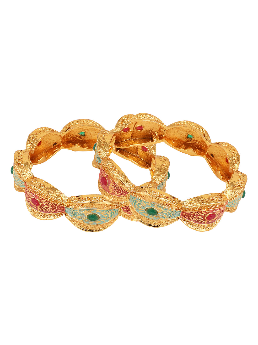 Women's/Girls Traditional Gold Plated Enameled Multicolor Stone Studded Abstract Design Bangle Set Of 2 - Mode Mania