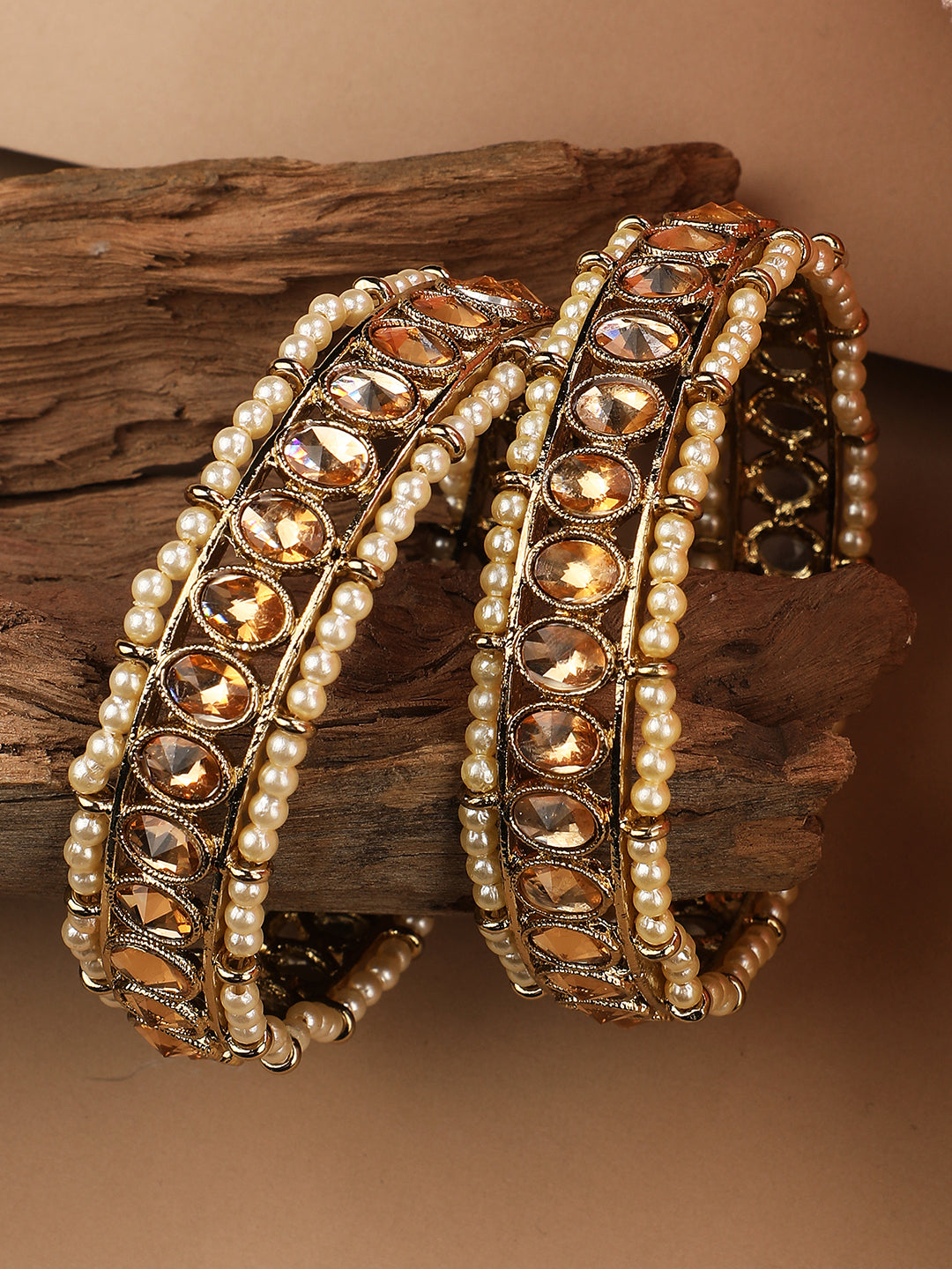 Women's/Girls Ethnic Antiique Gold Plated Kundan And Pearl Studded Bangle Set Of 2. - Mode Mania