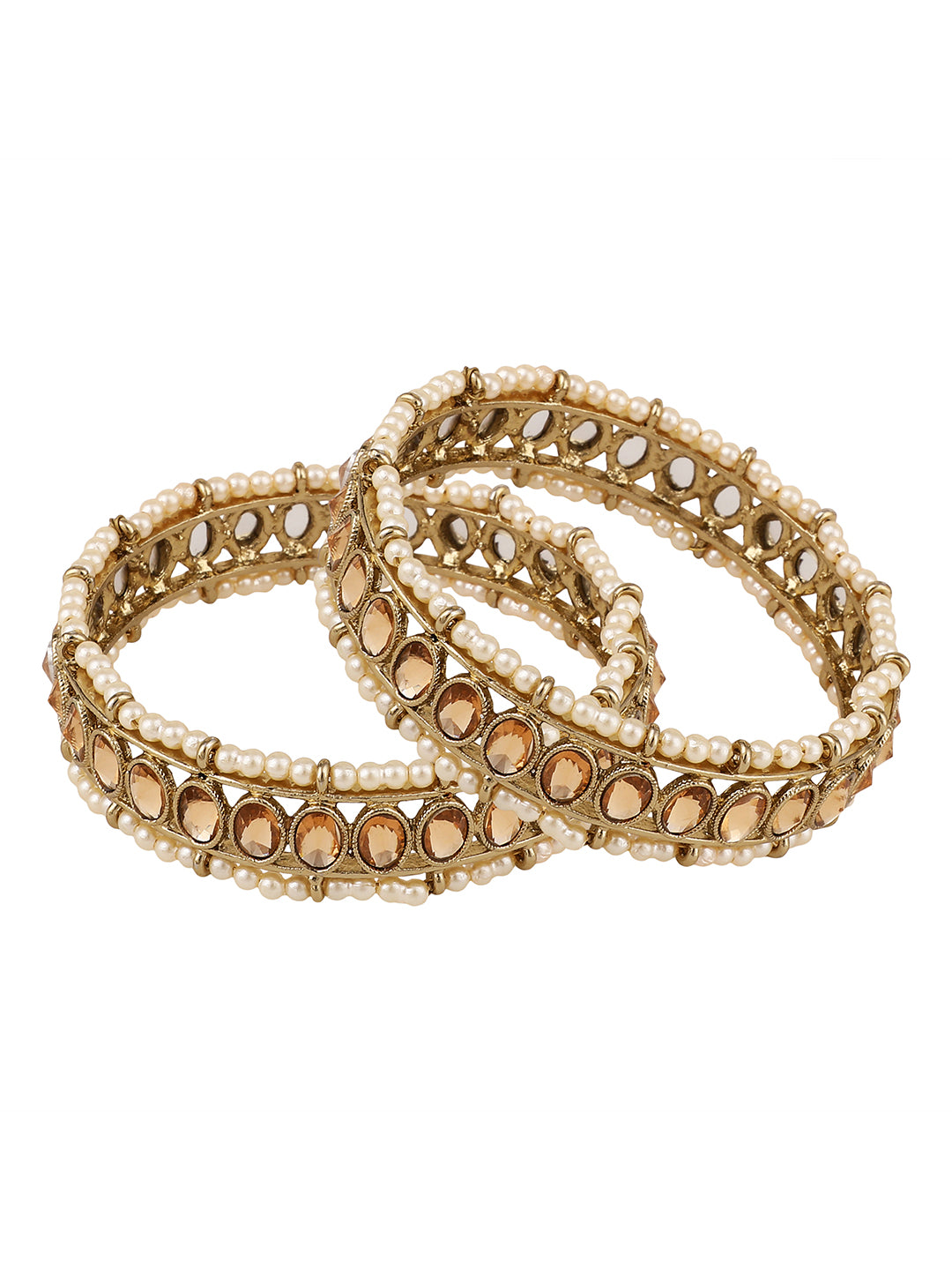 Women's/Girls Ethnic Antiique Gold Plated Kundan And Pearl Studded Bangle Set Of 2. - Mode Mania