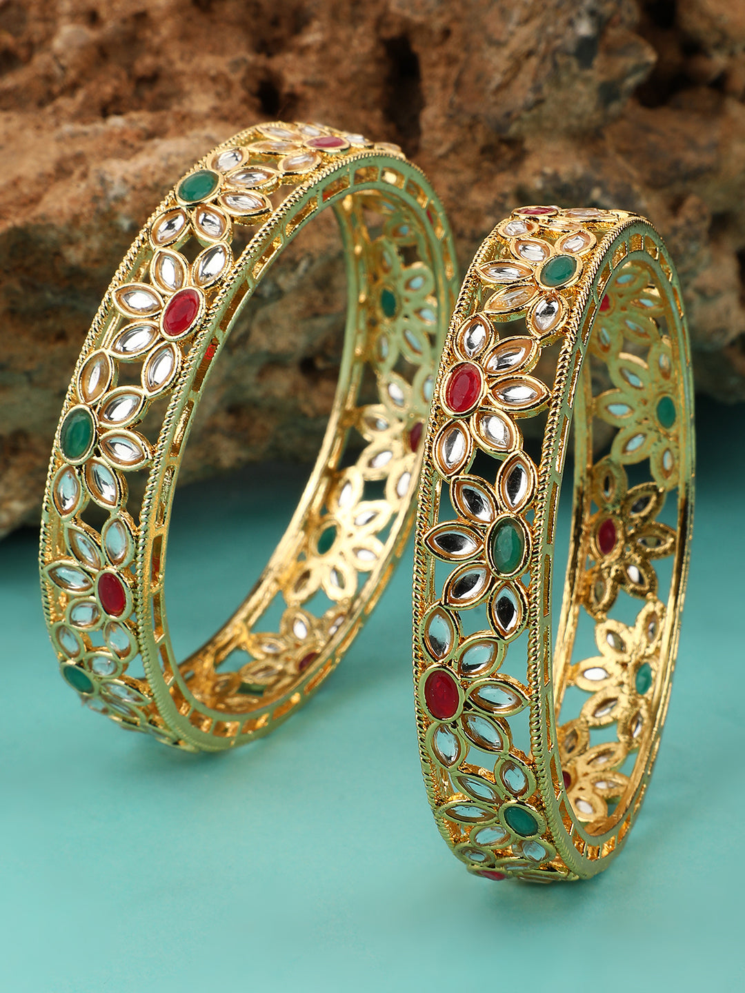Women's/Girls Statement Gold Plated Floral Design Multicolor Stone Studded Bangle Set Of 2 - Mode Mania