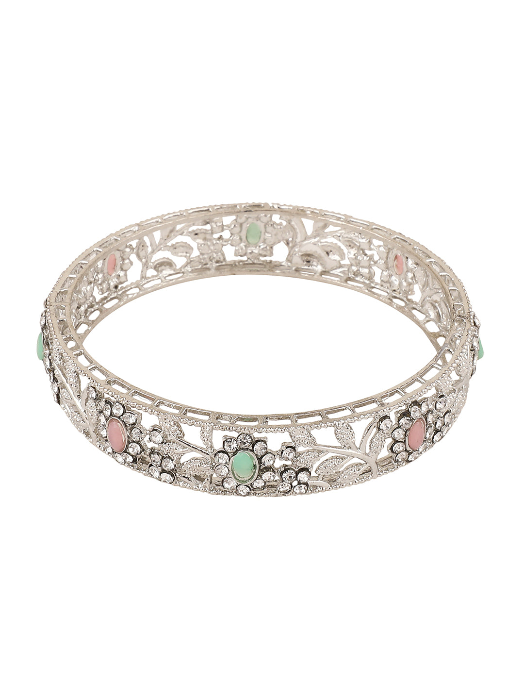 Women's/Girls Statement Silver Plated Floral Shaped Multicolor Stone Studded Bangle Set Of 2 - Mode Mania