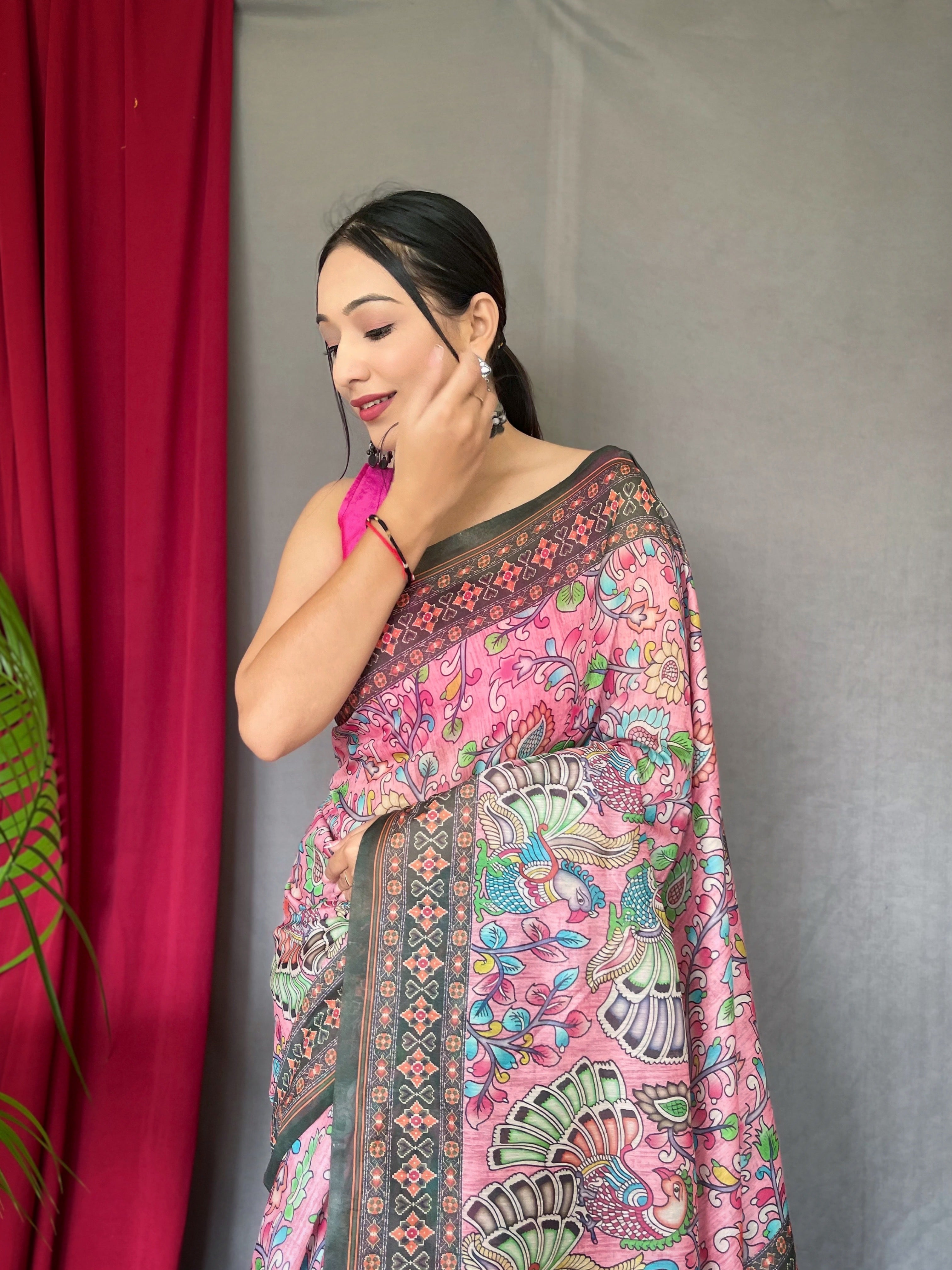 Women's  Pink Color Cotton Bandhani Kalamkari Printed Saree Pink - TASARIKA