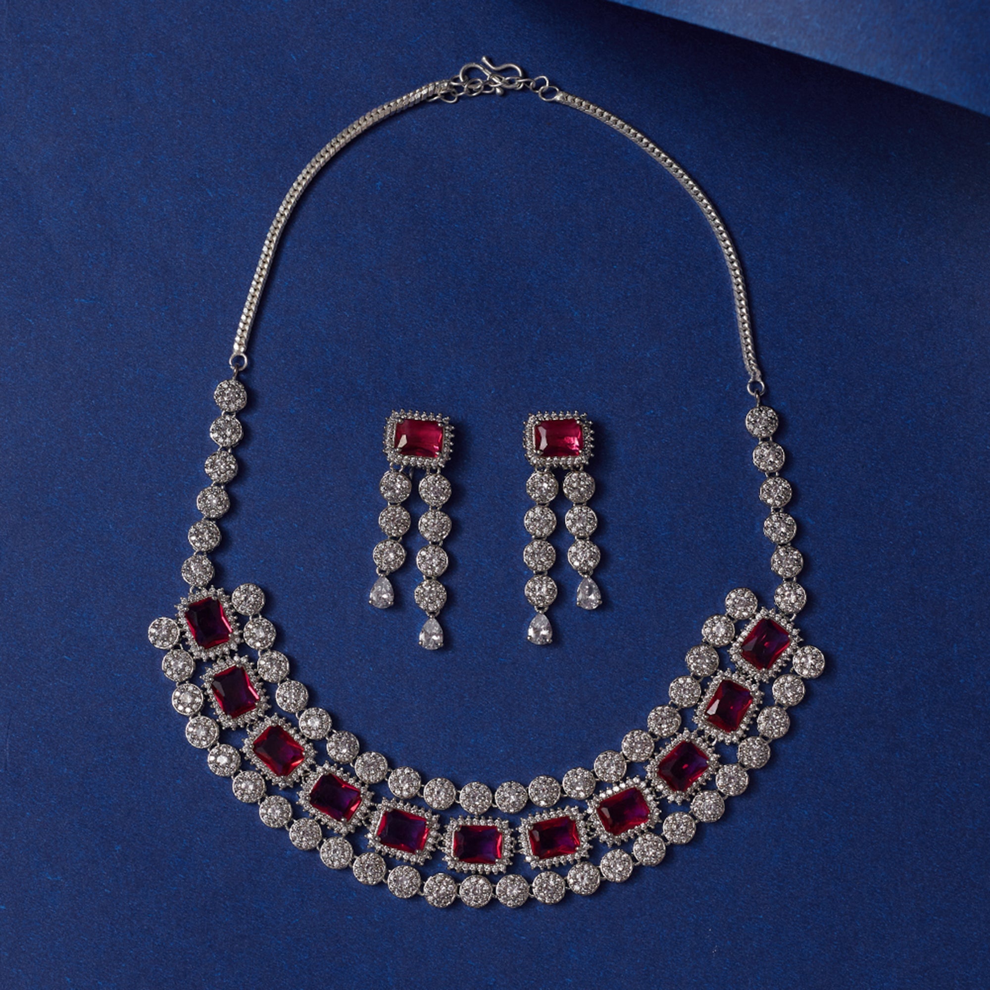 Women's Victorian Inspired Rectangle Cut Stones White Rhodium Jewellery Set - Voylla