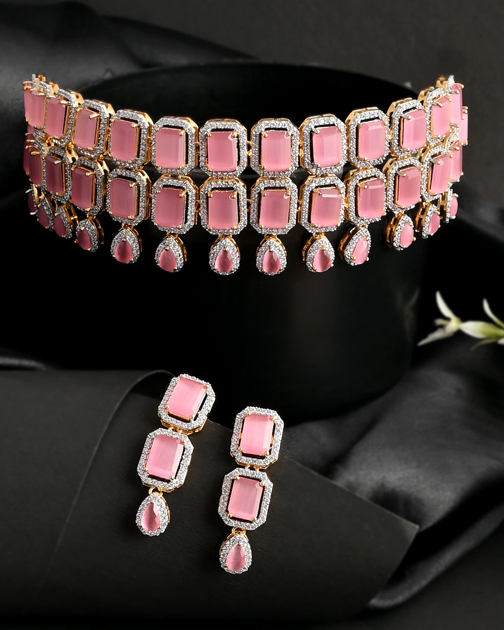 Women's Sparkling Elegance Opulent Emerald Cut Zircons Gold Plated Jewellery Set - Voylla