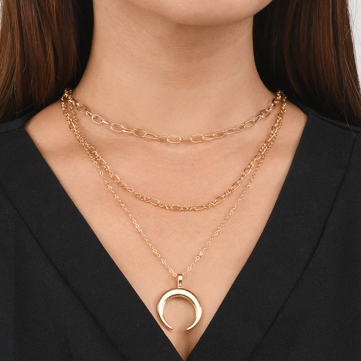 Women's Trendy Essentials Crescent Layered Gold Plated Brass Necklace - Voylla