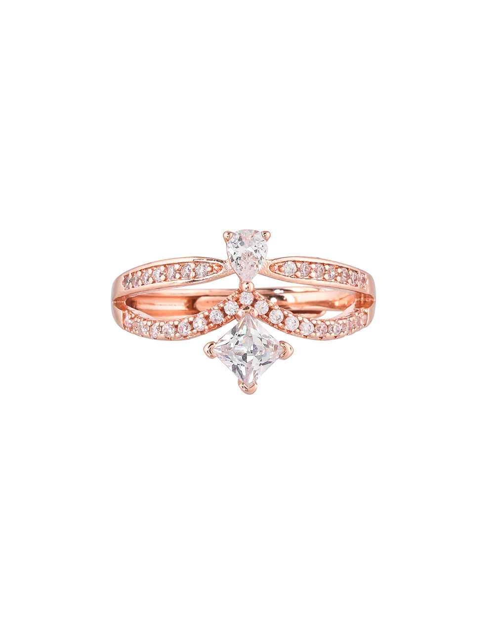 Women's Pear And Rectangle Cut Zircons Brass Rose Gold Plated Ring - Voylla