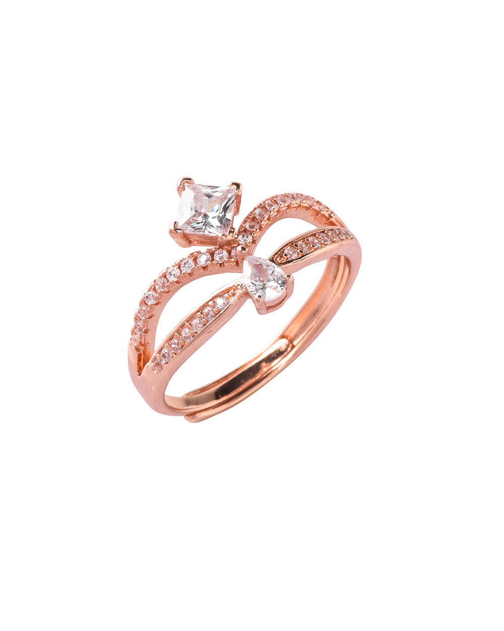 Women's Pear And Rectangle Cut Zircons Brass Rose Gold Plated Ring - Voylla