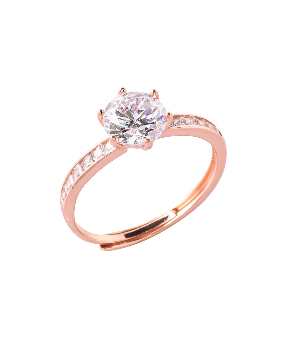 Women's Six Prong Rose Gold Plated Round Cut Zircon Adorned Brass Ring - Voylla