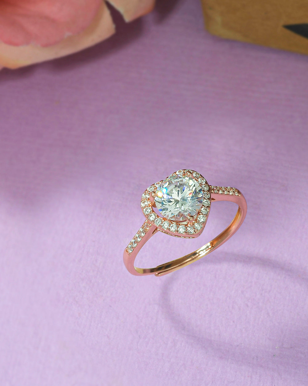 Women's Rose Gold Plated Heart Round Cut Zircon Adorned Brass Ring - Voylla