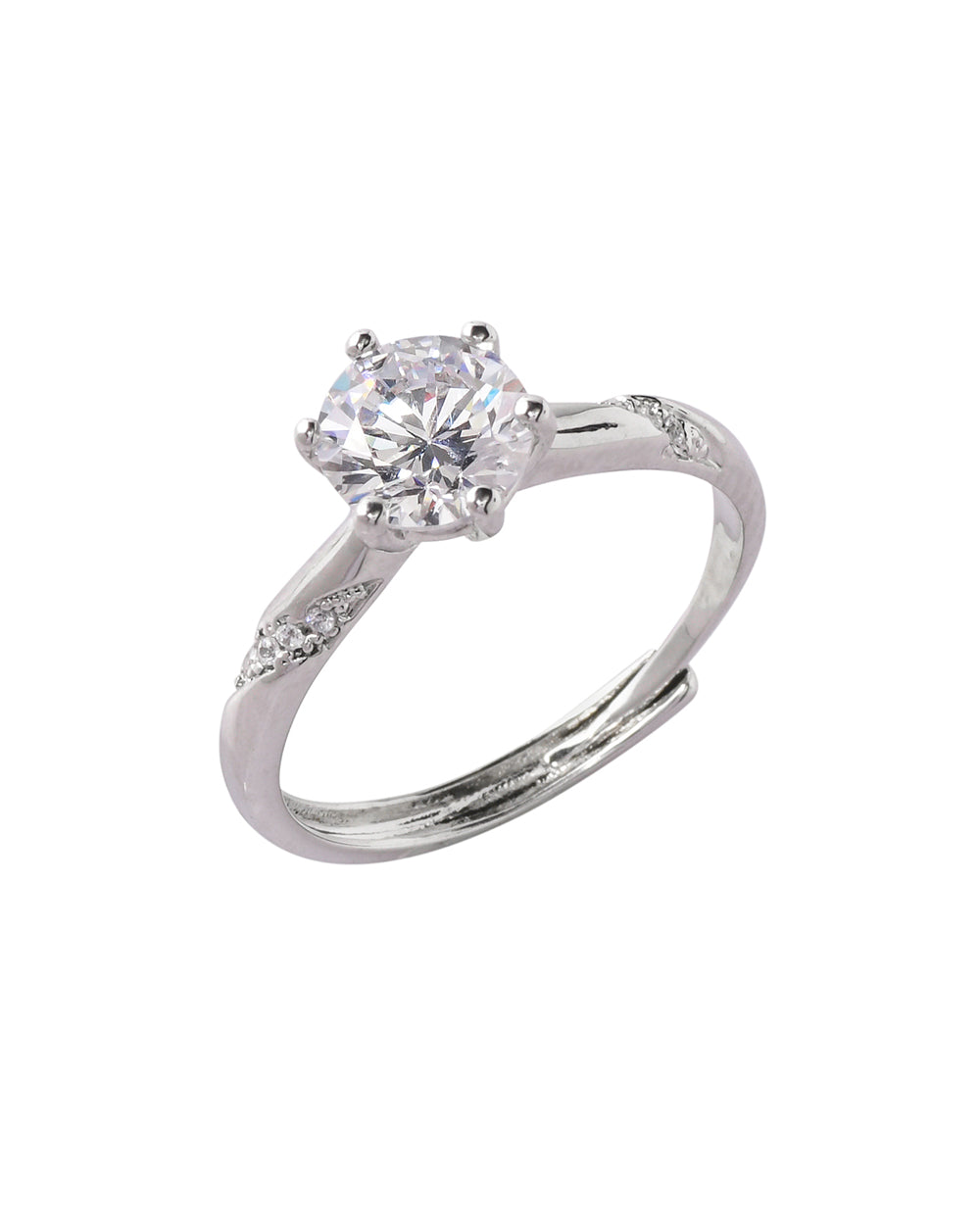 Women's Six Prong Setting Round Cut Cz Brass Silver Plated Ring - Voylla