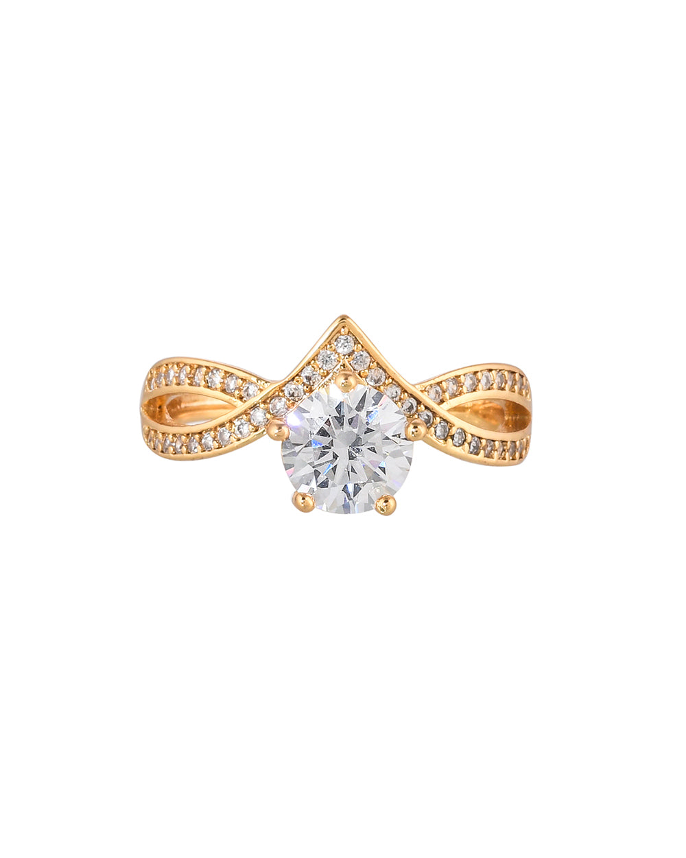 Women's Crown Design Round Cut Zircon Adorned Gold Plated Brass Ring - Voylla