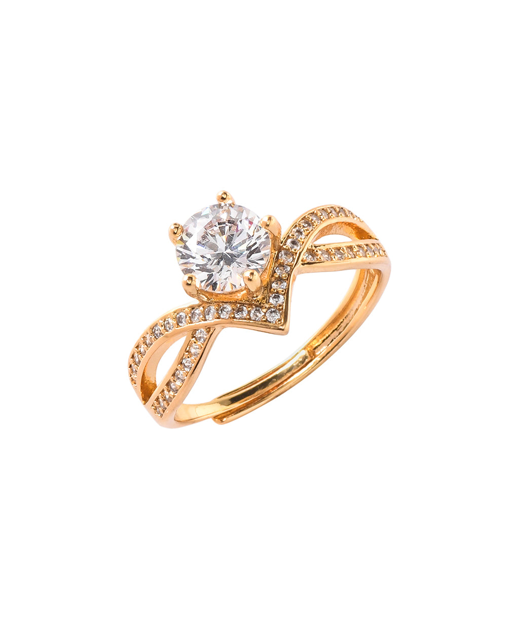 Women's Crown Design Round Cut Zircon Adorned Gold Plated Brass Ring - Voylla