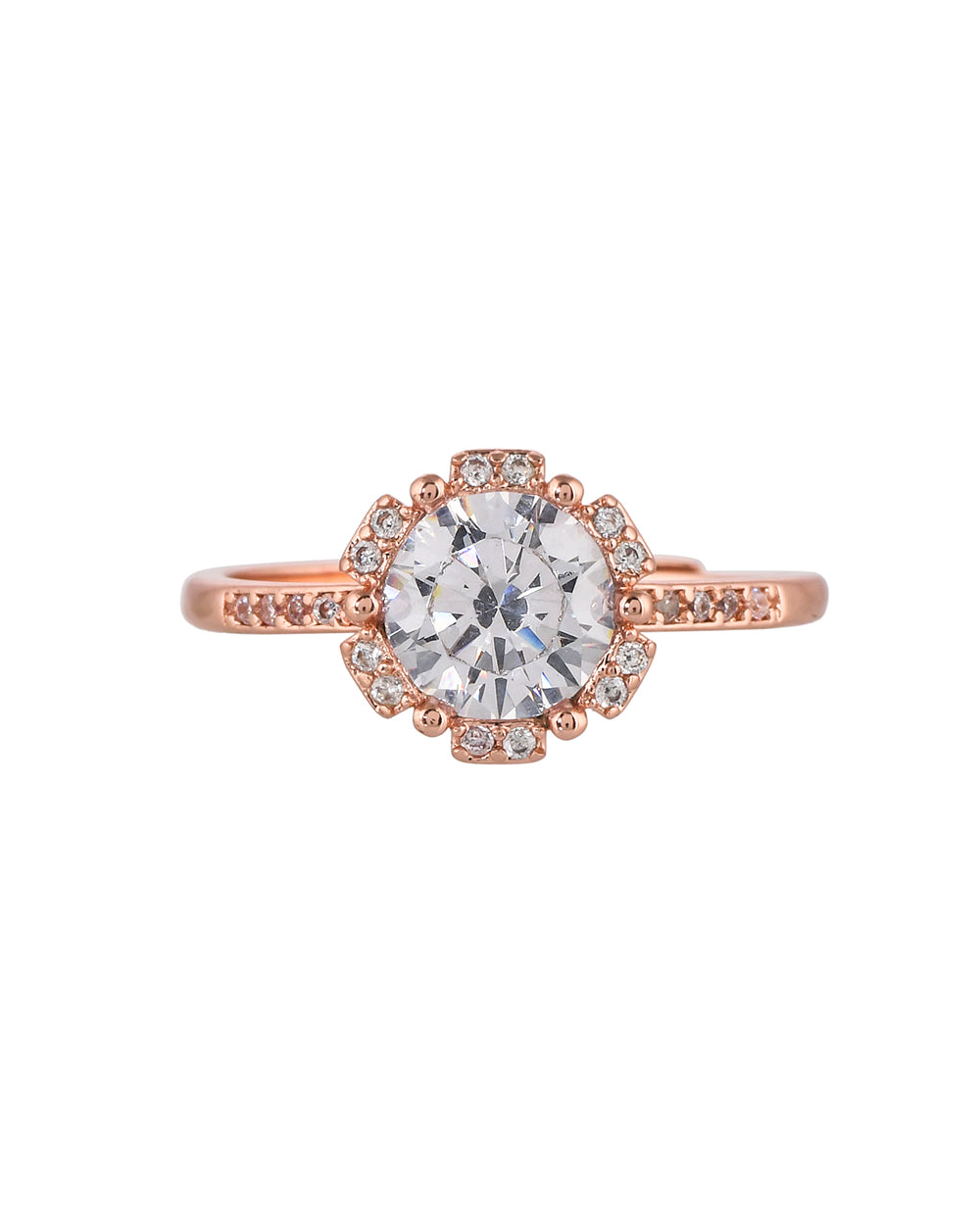 Women's Floral Rose Gold Plated Round Cut Cz Adorned Brass Ring - Voylla