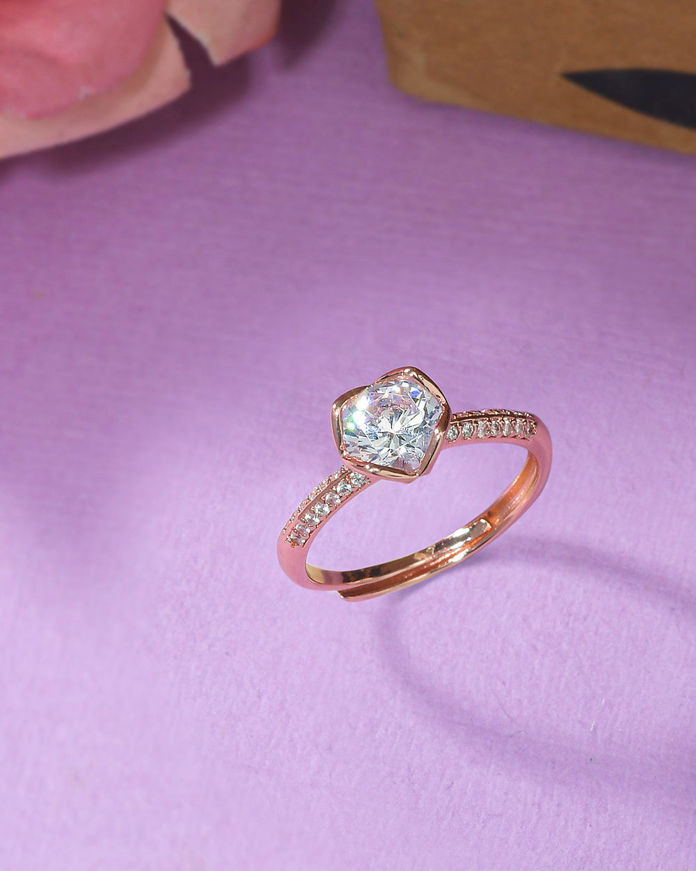 Women's Sparkling Elegance Rose Gold Plated Round Cut Zircon Adorned Ring - Voylla