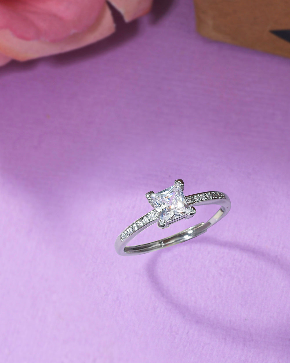 Women's Princess Cut Zircon Adorned Silver Plated Brass Ring - Voylla