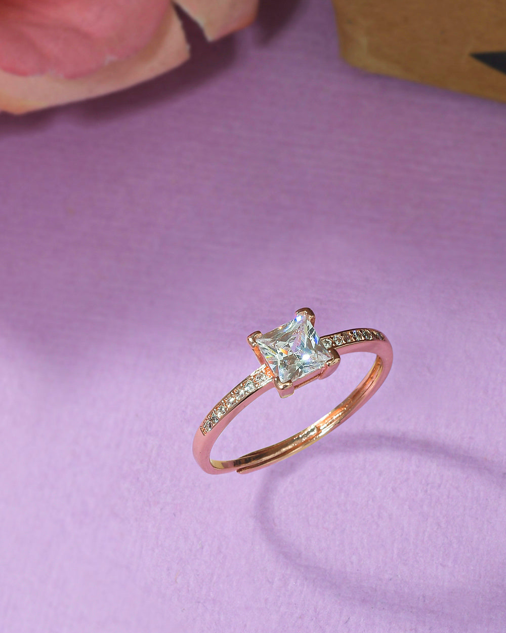 Women's Emerald Cut Zircon Four Prong Setting Rose Gold Plated Brass Ring - Voylla