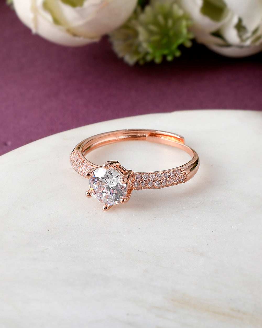 Women's Rose Gold Plated Round Cut Cz Embellished Ring - Voylla