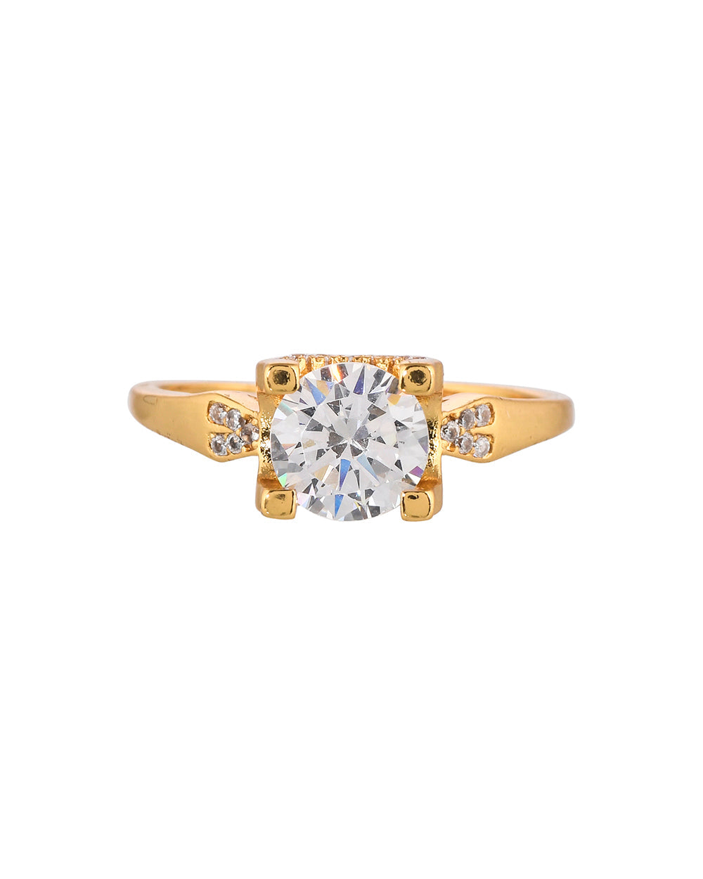 Women's Four Prong Setting Gold Plated Round Cut Zircon Embellished Brass Ring - Voylla