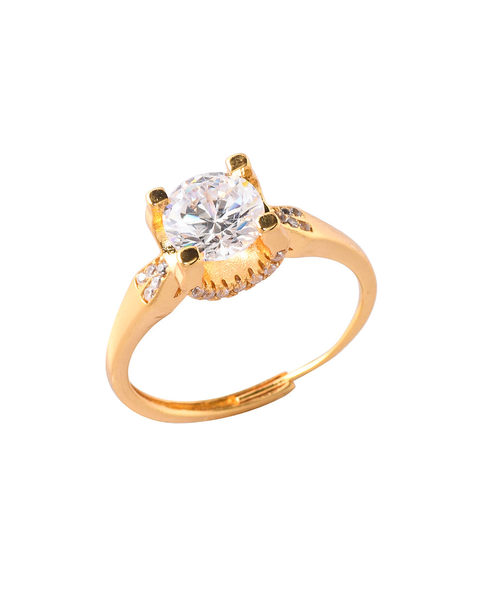 Women's Four Prong Setting Gold Plated Round Cut Zircon Embellished Brass Ring - Voylla