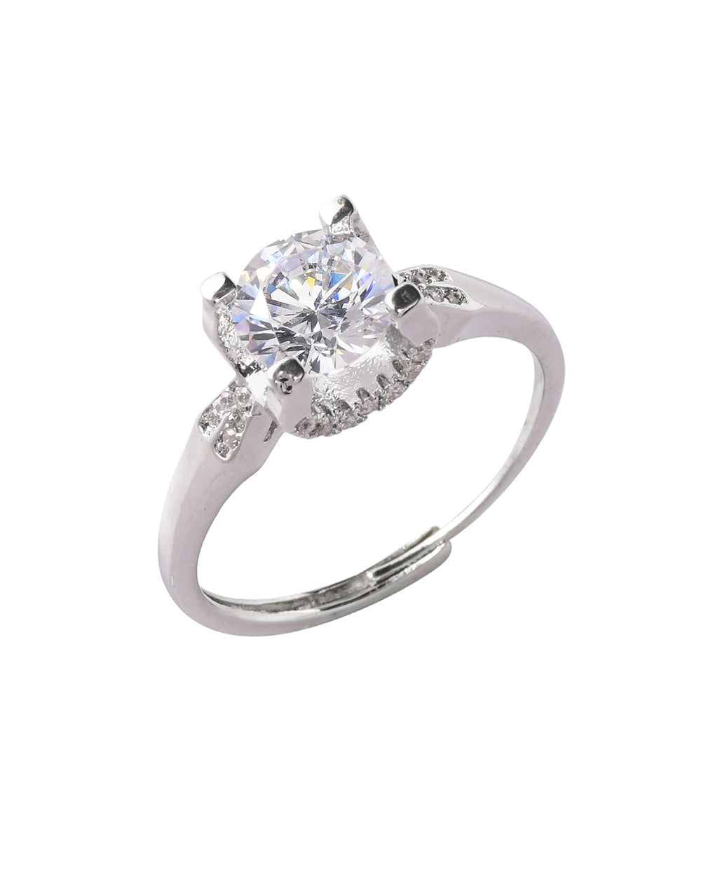 Women's Delicate Round Cut Cz Embellished Silver Plated Brass Ring - Voylla