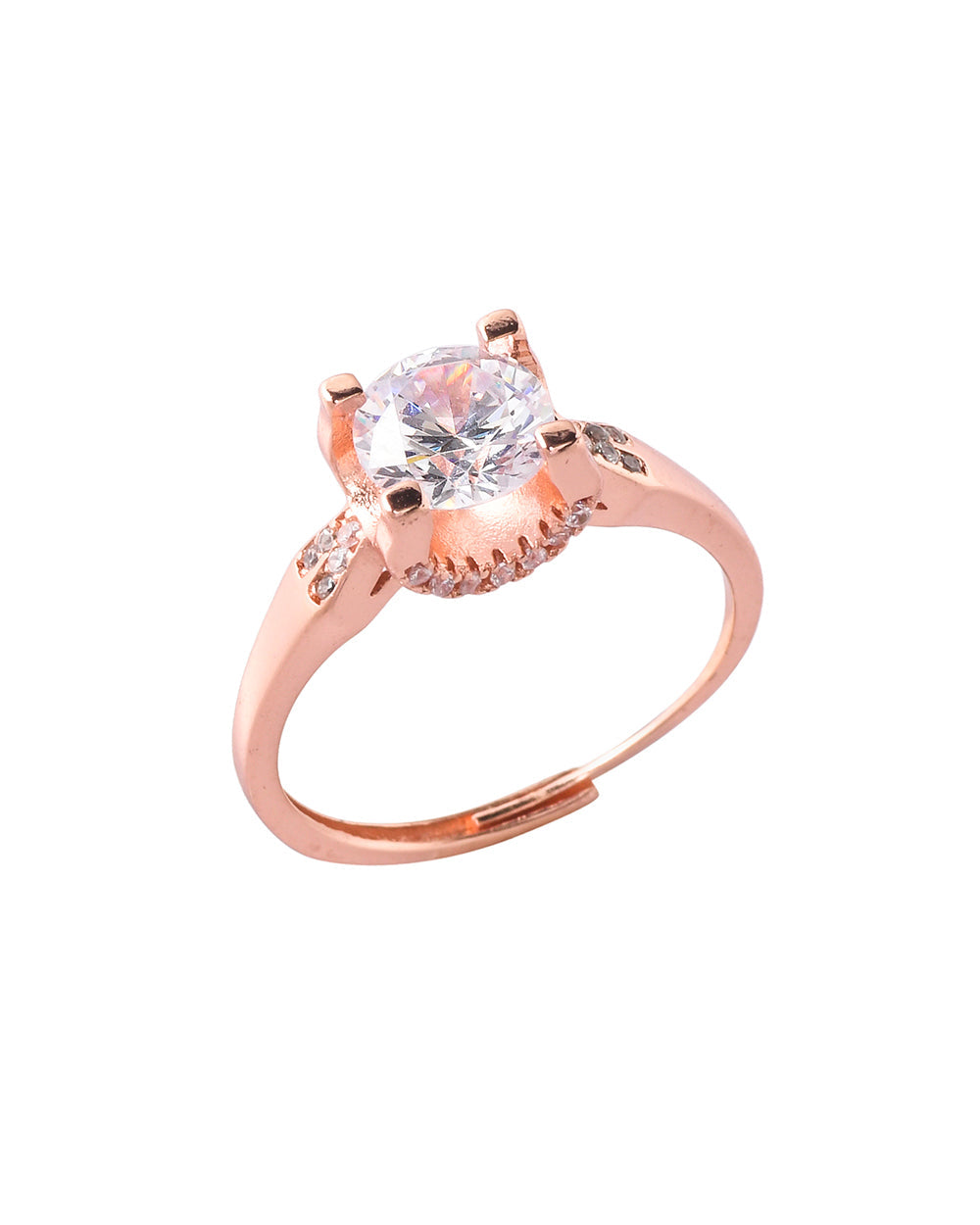Women's Four Prong Setting Round Cut Cz Rose Gold Plated Brass Ring - Voylla