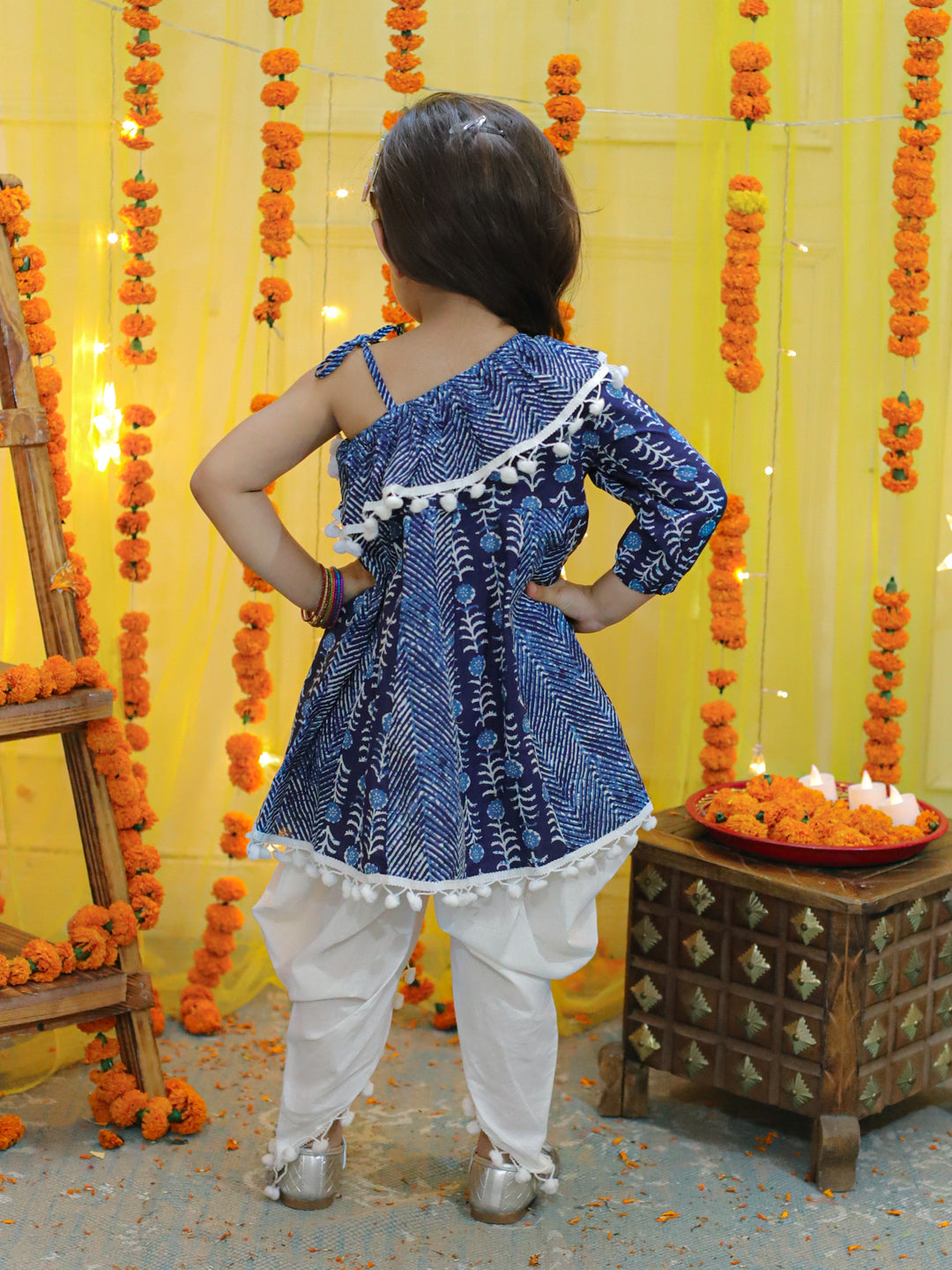 Girl's Blue Pure Cotton Printed One Sleeve Ruffle Kurti With Dhoti Indo Western Clothing Sets - BOWNBEE
