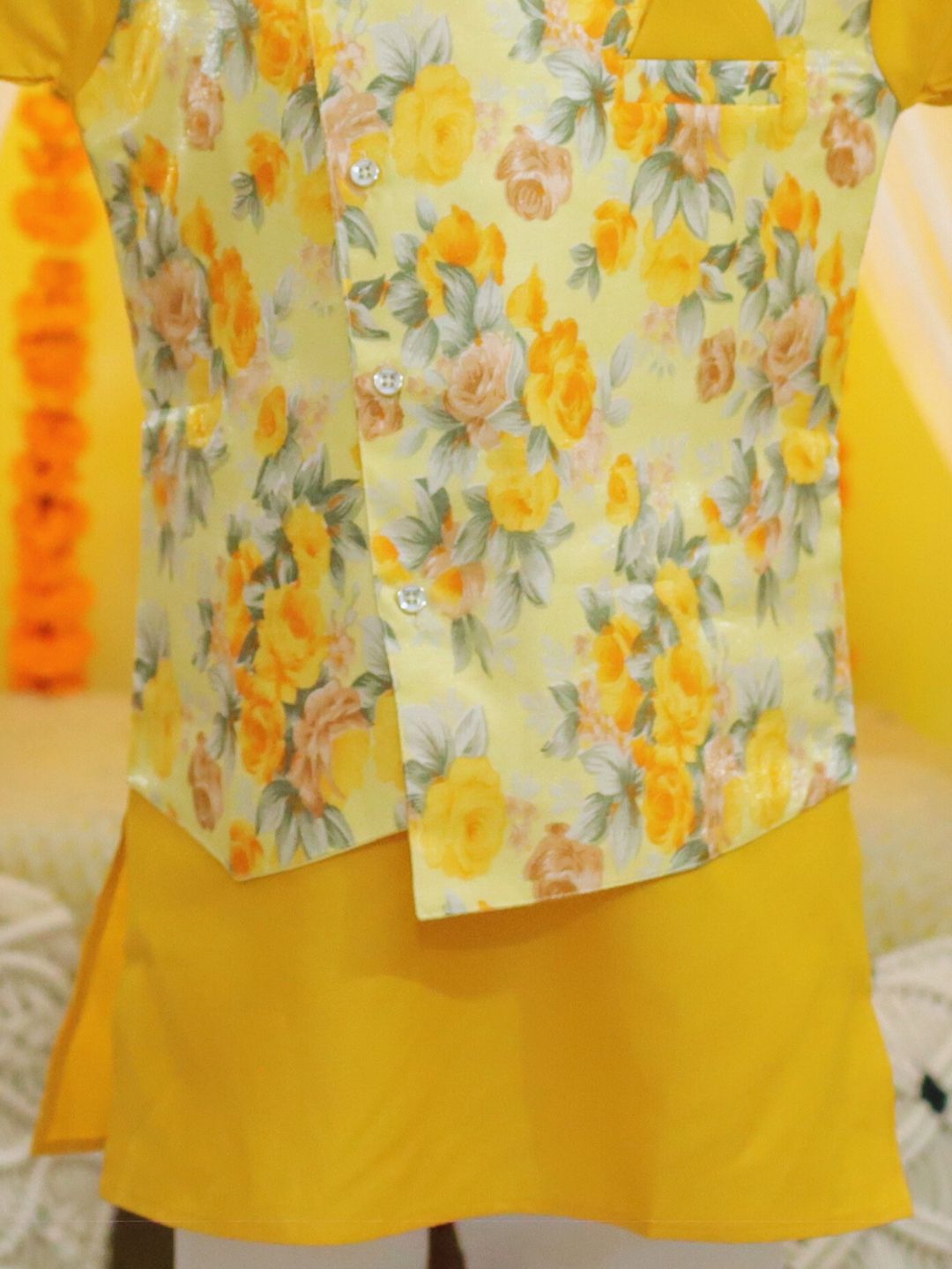 Boy's Yellow Ethnic Attached Floral Printed Jacket Cotton Kurta Pajama - BOWNBEE