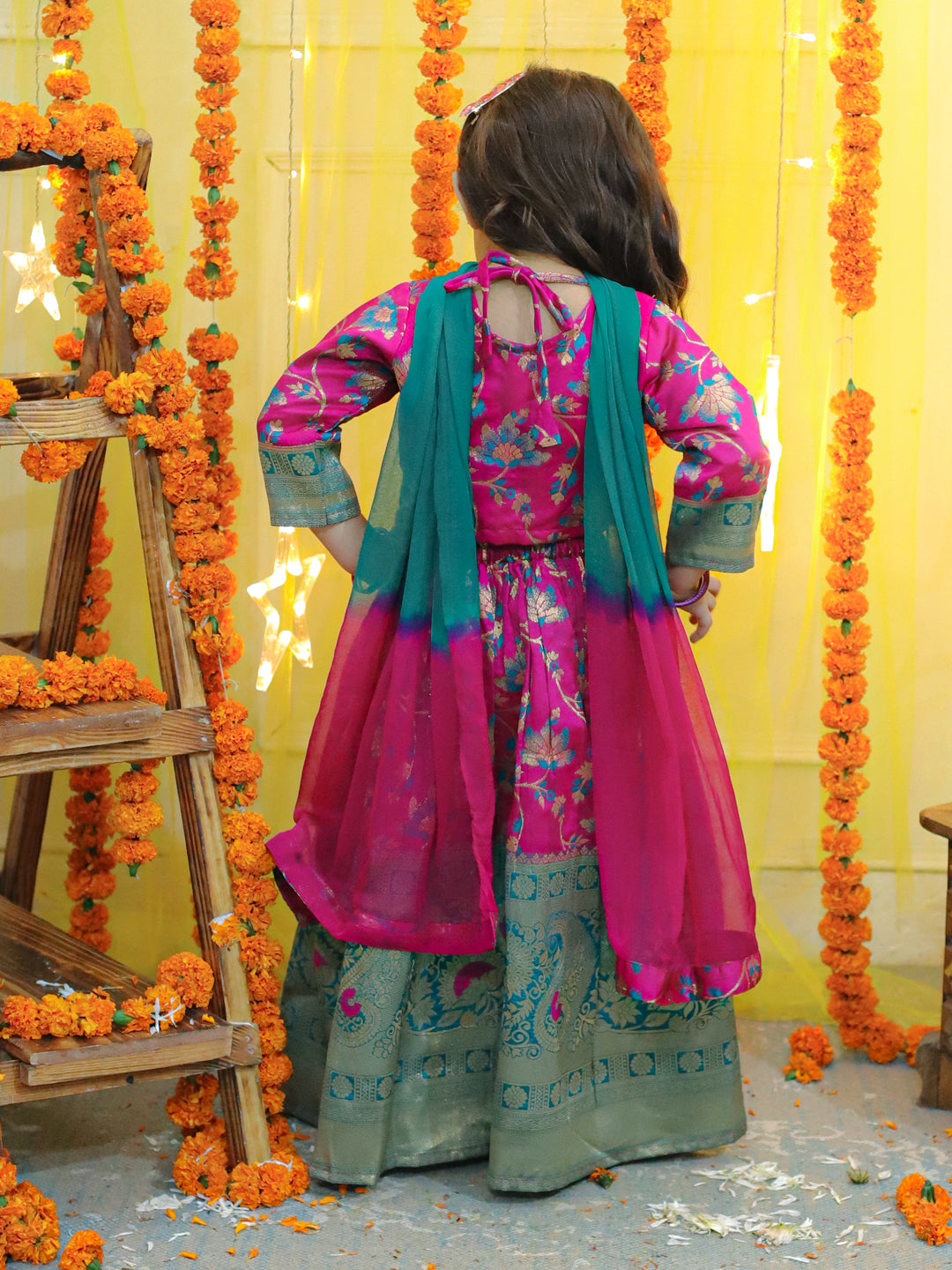 Girl's Pink Ethic Traditional Indian Festive Jacquard Choli Lehenga Choli With Dupatta - BOWNBEE