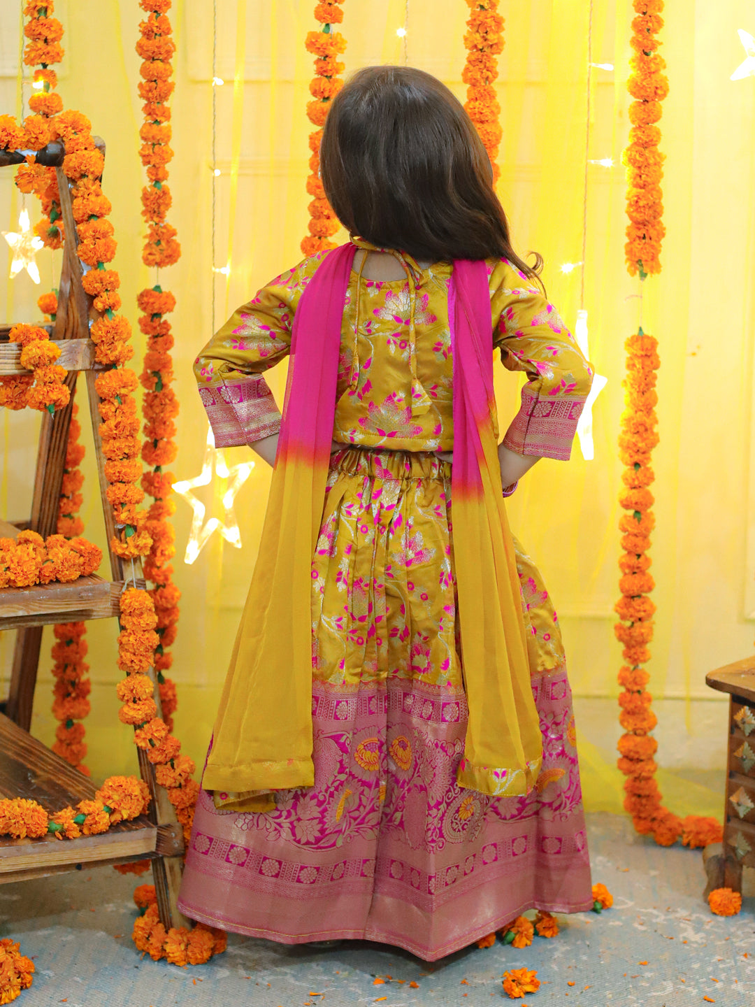 Girl's Yellow Ethic Traditional Indian Festive Jacquard Choli Lehenga Choli With Dupatta - BOWNBEE