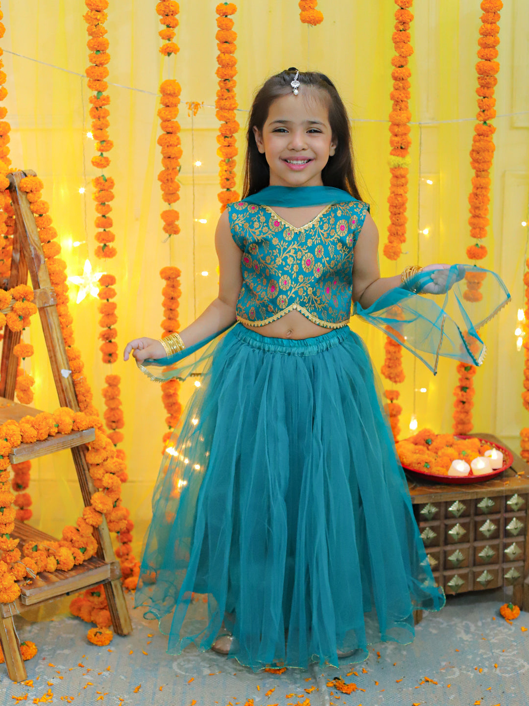 Girl's Green Ethic Traditional Indian Festive Jacquard Choli With Net Lehenga With Dupatta - BOWNBEE