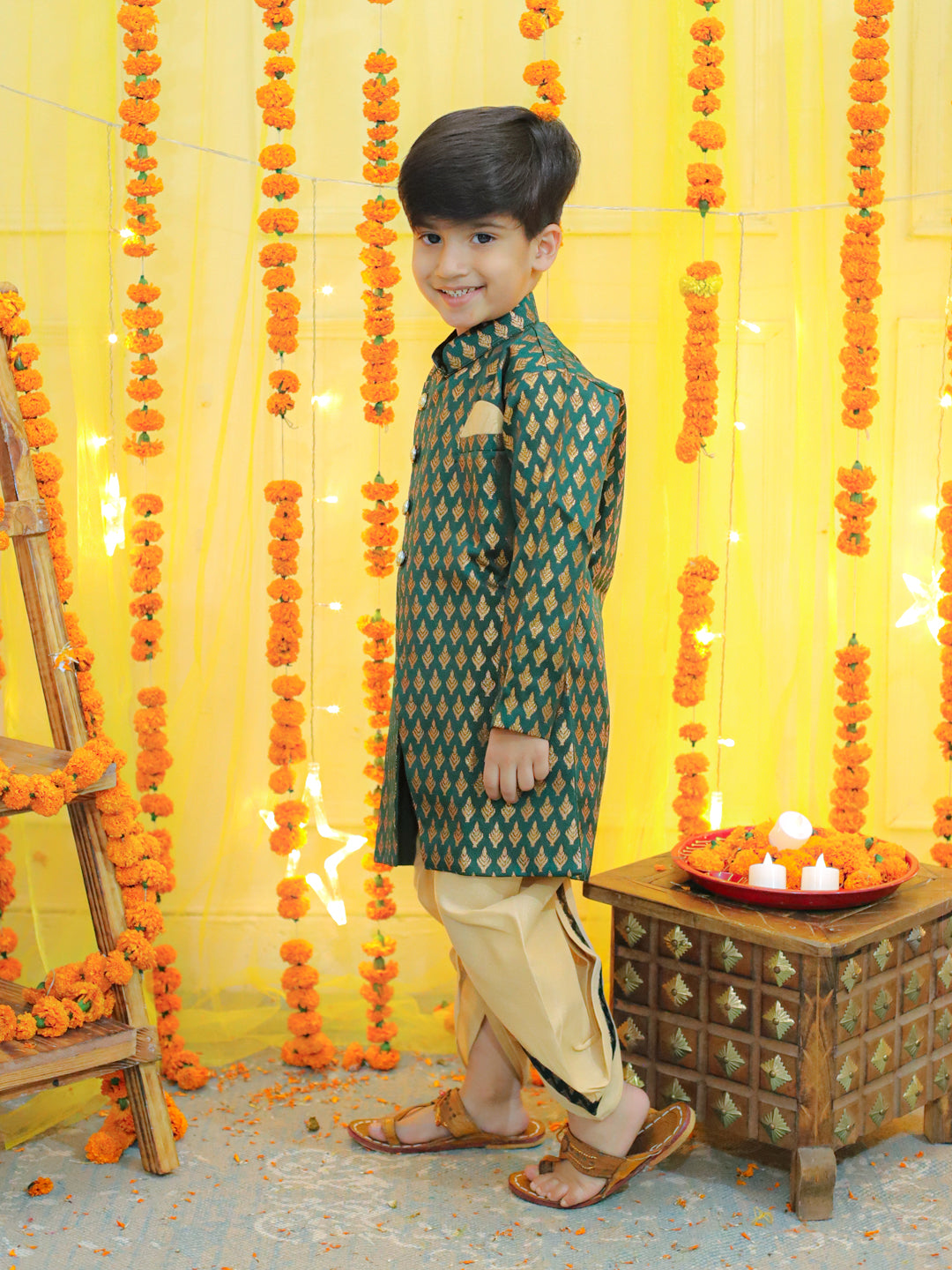 Boy's Green Ethnic Festive Wear Jacquard Full Sleeve Sherwani With Dhoti - BOWNBEE