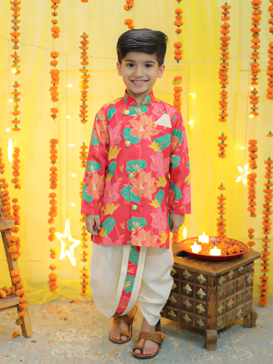Boy's Pink Ethnic Festive Floral Printed Full Sleeve Sherwani With Cotton Dhoti - BOWNBEE