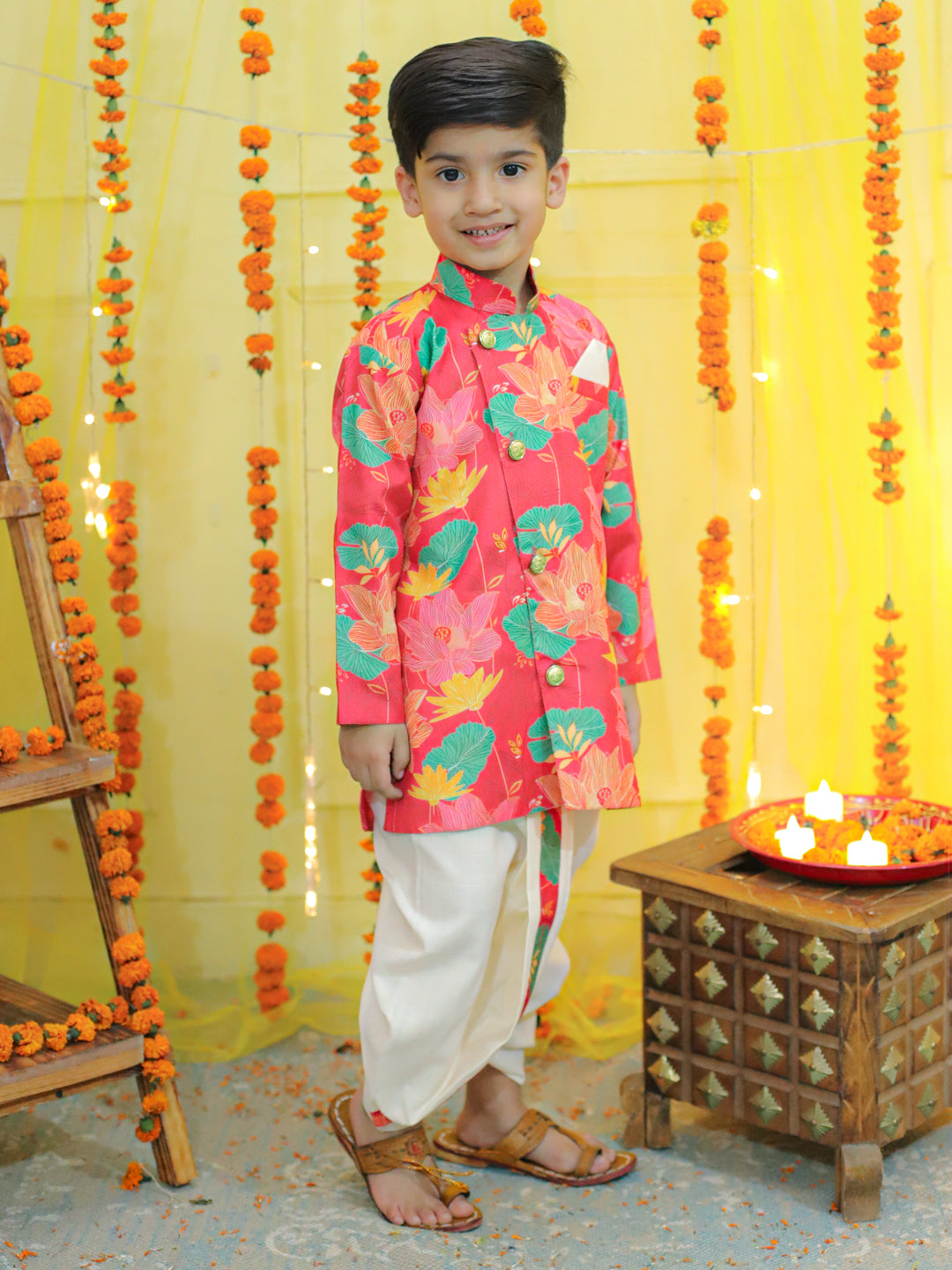 Boy's Pink Ethnic Festive Floral Printed Full Sleeve Sherwani With Cotton Dhoti - BOWNBEE