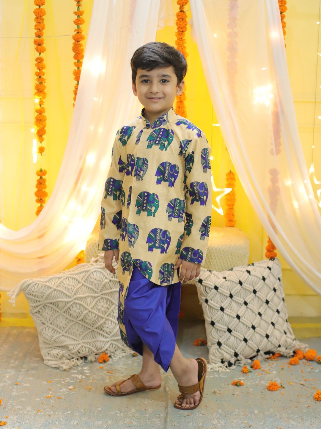 Boy's Blue Ethnic Hathi Print Full Sleeve Sherwani - BOWNBEE