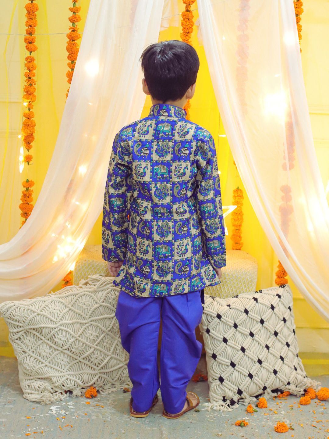 Boy's Blue Ethnic Mor Print Full Sleeve Sherwani With Salwar - BOWNBEE