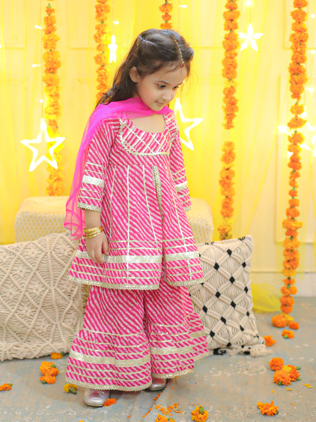 Girl's Pink Pure Cotton Printed Kurta Sharara With Dupatta - BOWNBEE