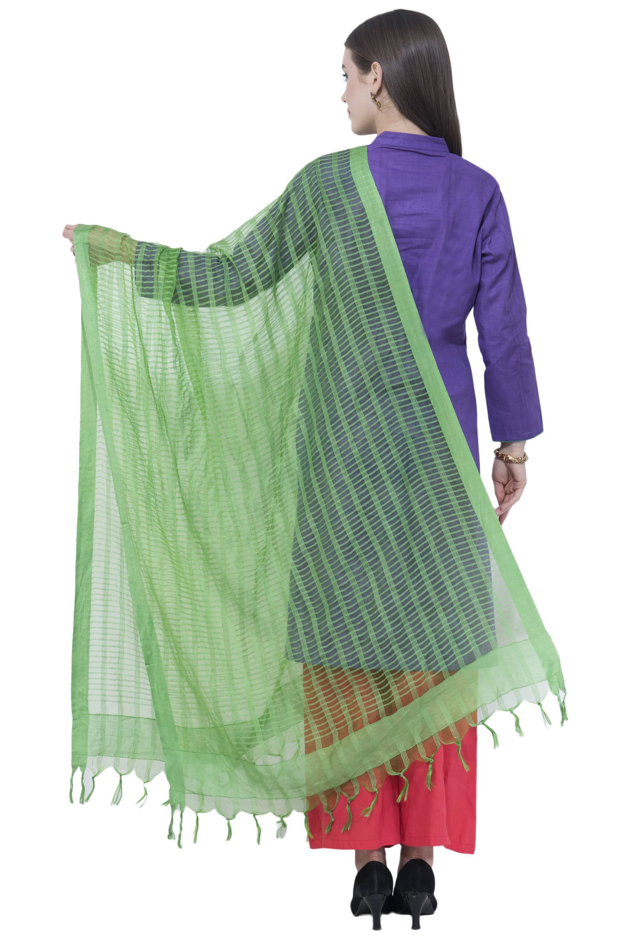 A R Silk Women's Self Check Cota Cotton Parrot Green Dupattas and Chunnis