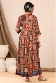 Women's Beige Rayon Printed Flared Dress - Juniper