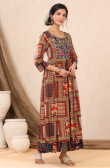 Women's Beige Rayon Printed Flared Dress - Juniper