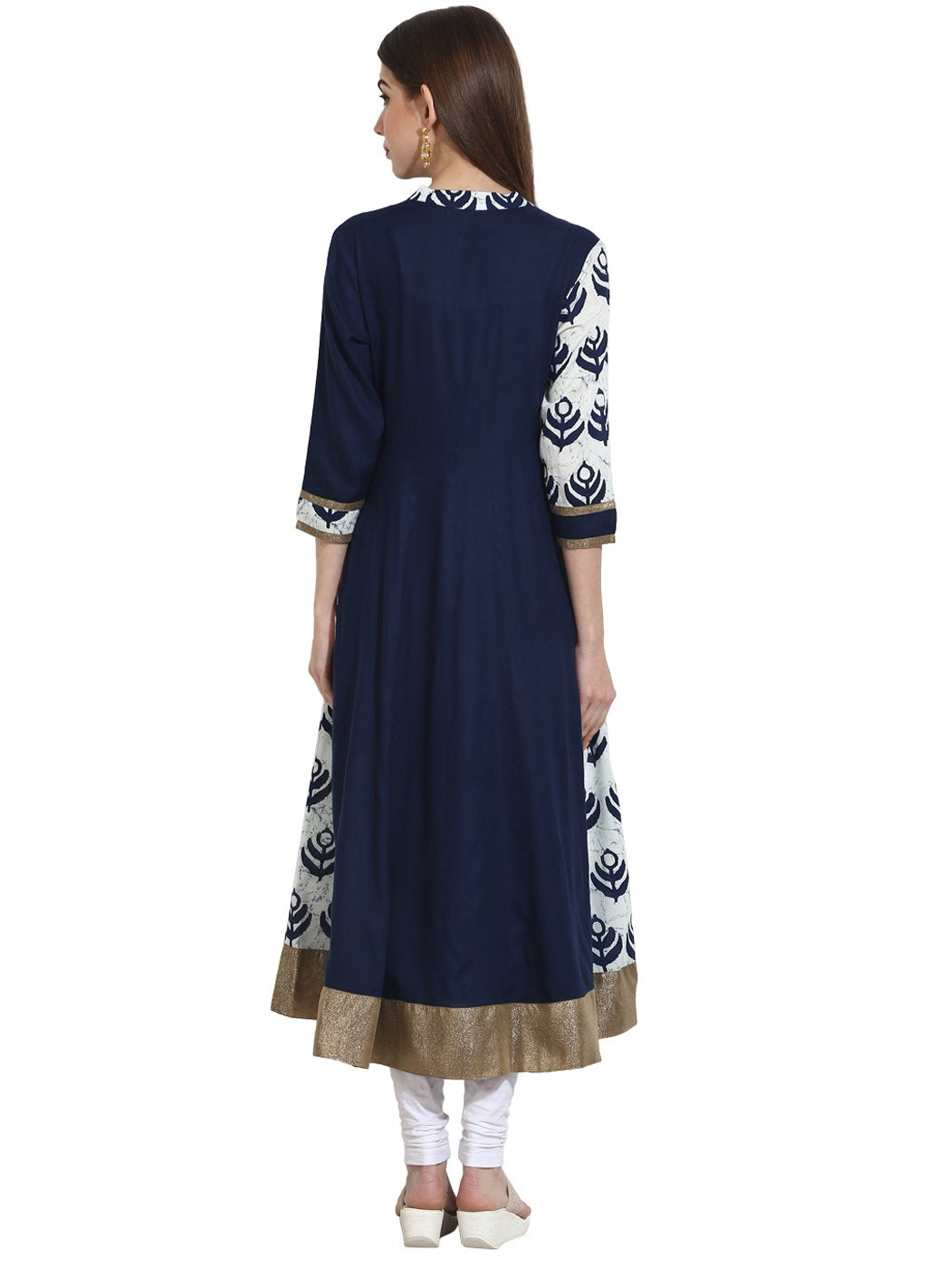 Women's Navy Blue With Printed Yoke 3/4Th Sleeve Cotton Anarkali - Nayo Clothing